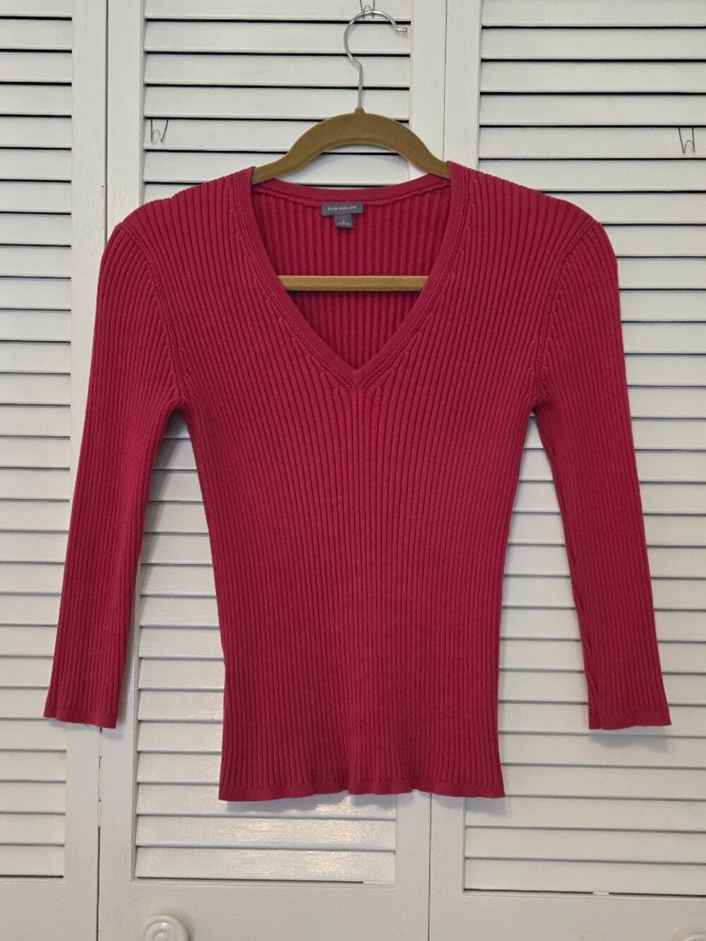 Ann Taylor V-Neck 3/4 Sleeve Ribbed Knit Cotton Blend Sweater - Size S